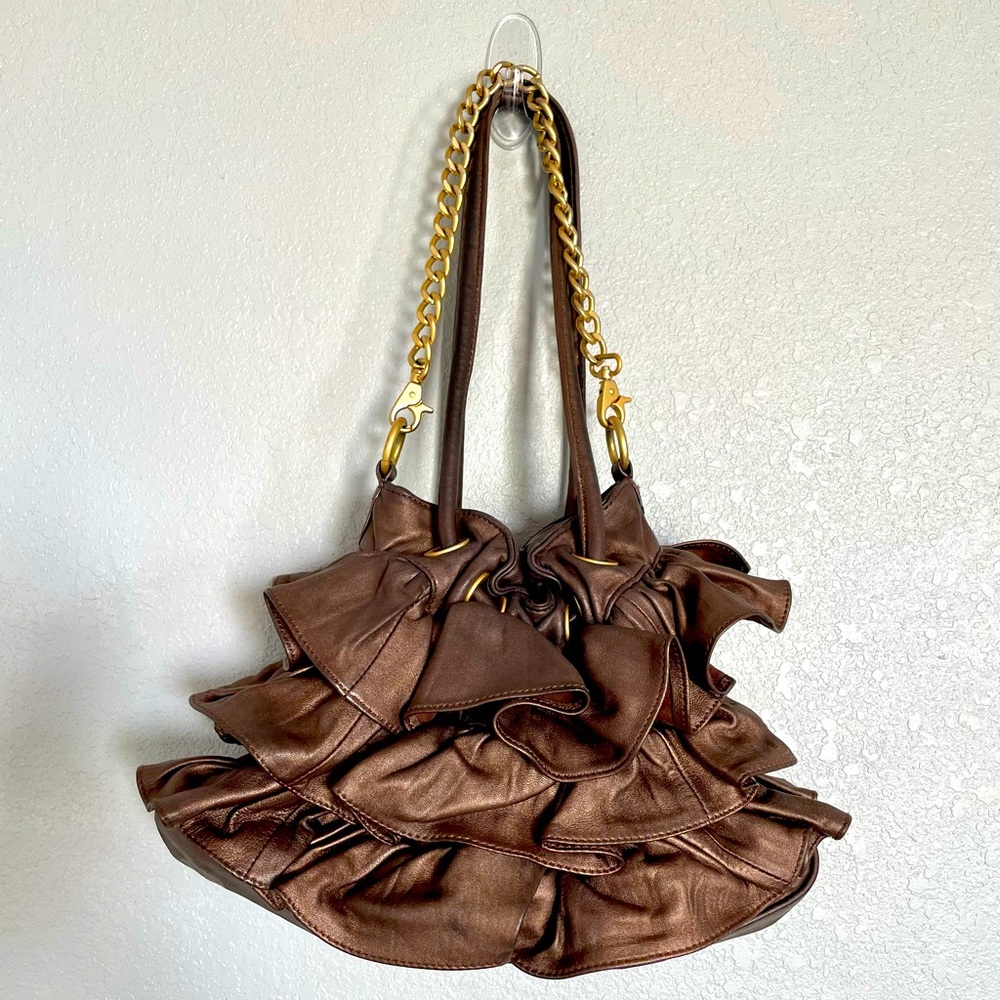 Adrienne Vittadini - Brown Ruffle Shoulder Bag Gold Chain